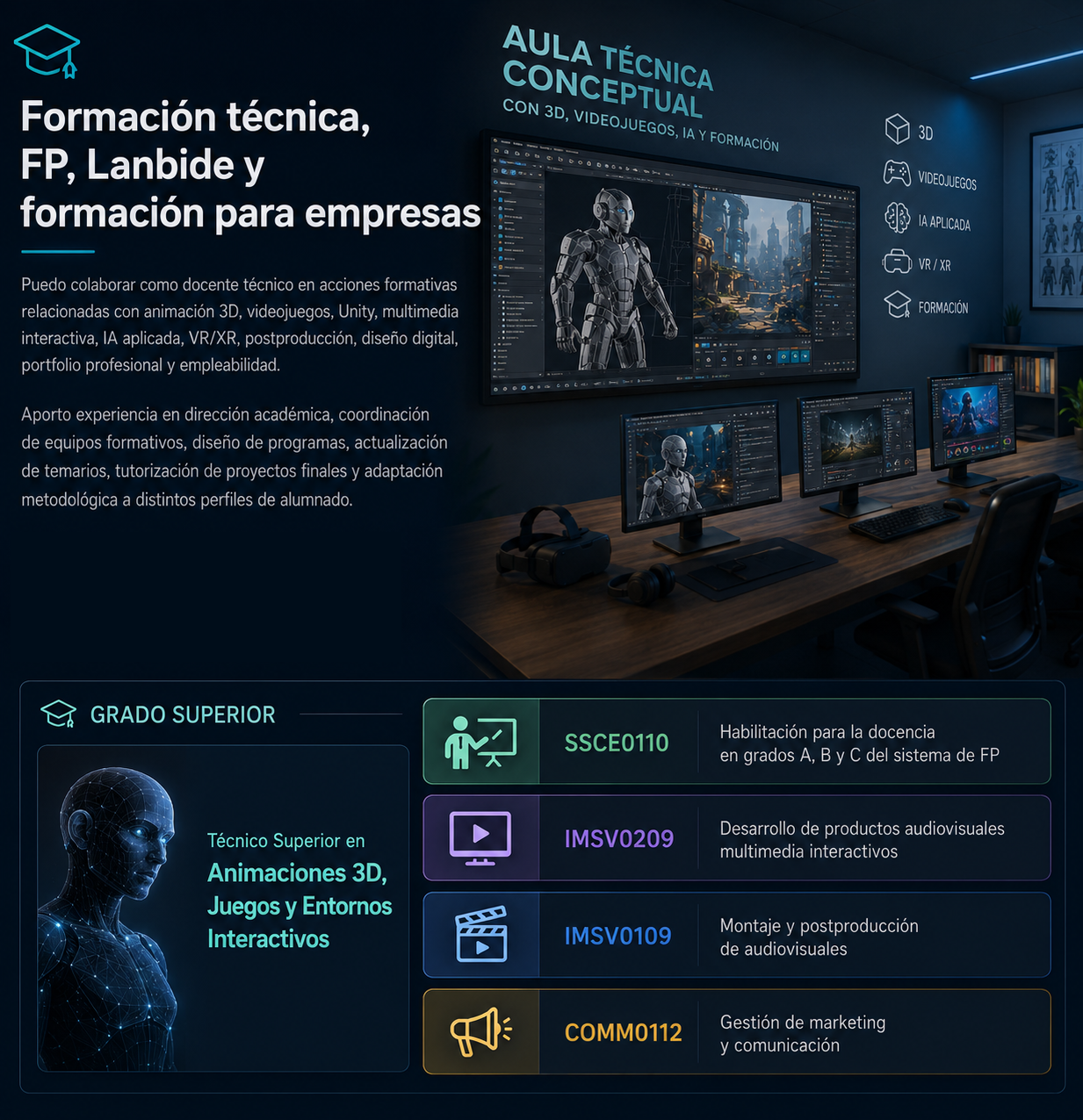 Aula técnica conceptual con 3D, videojuegos, IA y formación